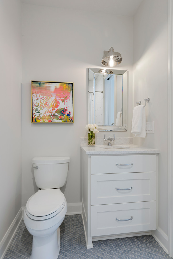 Design ideas for a small transitional 3/4 bathroom in Minneapolis with an open shower, white tile, white walls, marble floors, white floor, an open shower, shaker cabinets, white cabinets, an undermount sink, engineered quartz benchtops, white benchtops and a two-piece toilet.