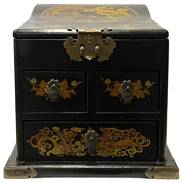 Chinese Oriental Black Dragon Phoenix Mirror Rectangular Jewelry Box