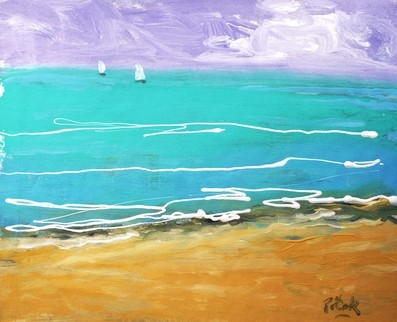 Beach And Two Sailboats  Original By Russ Potak