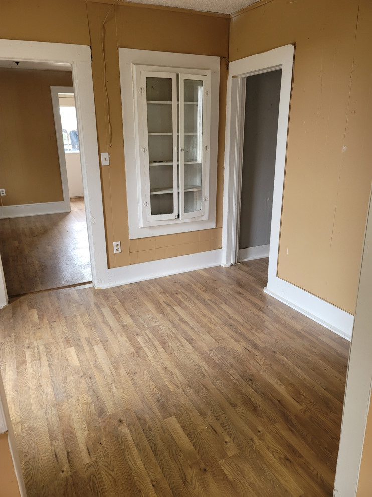 Modernes Wohnzimmer mit brauner Wandfarbe, Vinylboden und braunem Boden in Denver