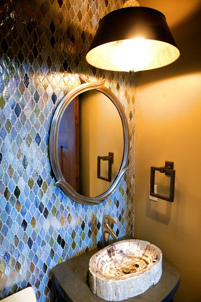 Inspiration for a contemporary powder room in Denver with a vessel sink and multi-coloured tile.