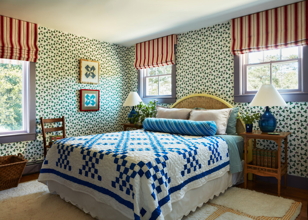 Rockport Summer House - Bedroom - coastal medium tone wood floor, brown floor and wallpaper bedroom idea in Boston with multicolored walls
