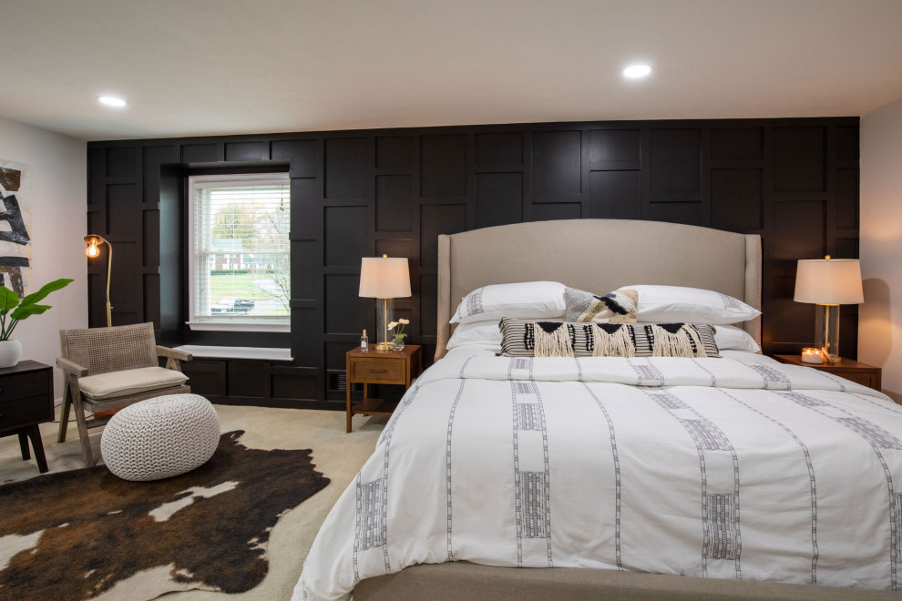 Bedroom - large transitional master carpeted, beige floor and wall paneling bedroom idea in Indianapolis with black walls and no fireplace