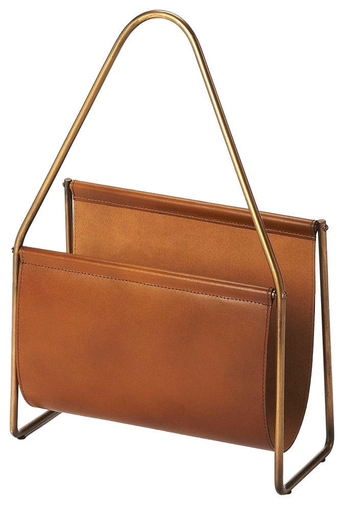 Modern Brown Leather Magazine Basket with Antique Brass Finished Iron