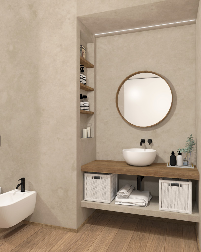 Design ideas for a mid-sized contemporary master bathroom in Milan with open cabinets, light wood cabinets, a wall-mount toilet, beige tile, beige walls, light hardwood floors, a vessel sink, wood benchtops, beige benchtops, a niche, a single vanity and a floating vanity.