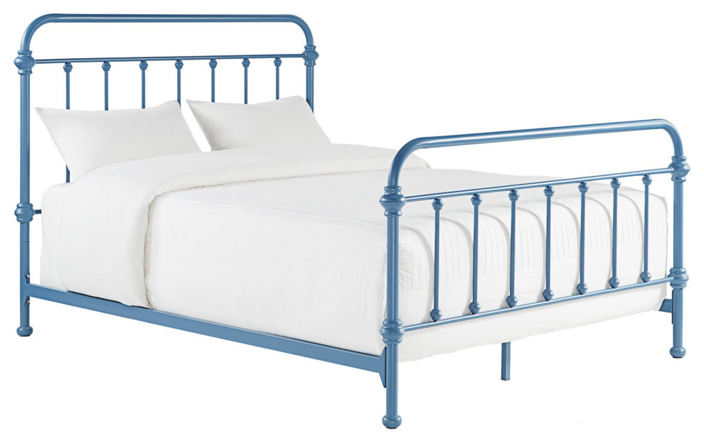 Solid Bed Frame, Spindle Accent Metal Construction, Blue Steel, Queen