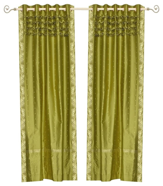 Olive Green Hand Crafted Grommet Top Sheer Sari Curtain Panel