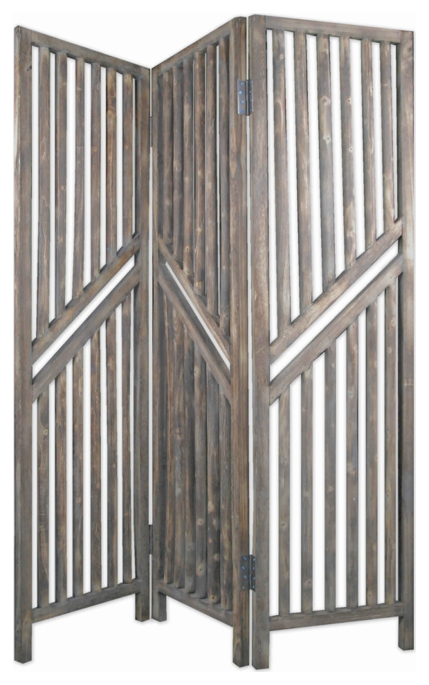 Traditional Slatted 3 Panel Wooden Room Divider, Weathered Brown