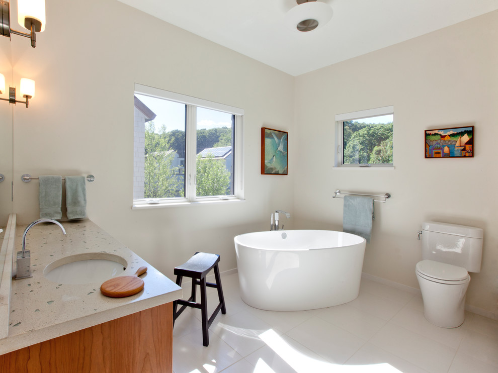 Inspiration for a contemporary bathroom in Portland Maine with a freestanding tub.