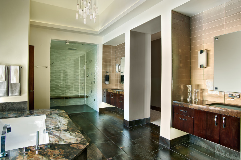 Inspiration for a large contemporary master bathroom in Denver with flat-panel cabinets, dark wood cabinets, a double shower, black tile, white walls, an undermount sink and granite benchtops.