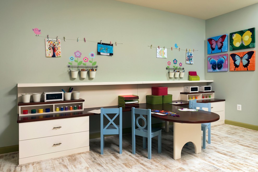 Photo of a mid-sized eclectic gender-neutral kids' playroom for kids 4-10 years old in DC Metro with light hardwood floors, grey walls and white floor.