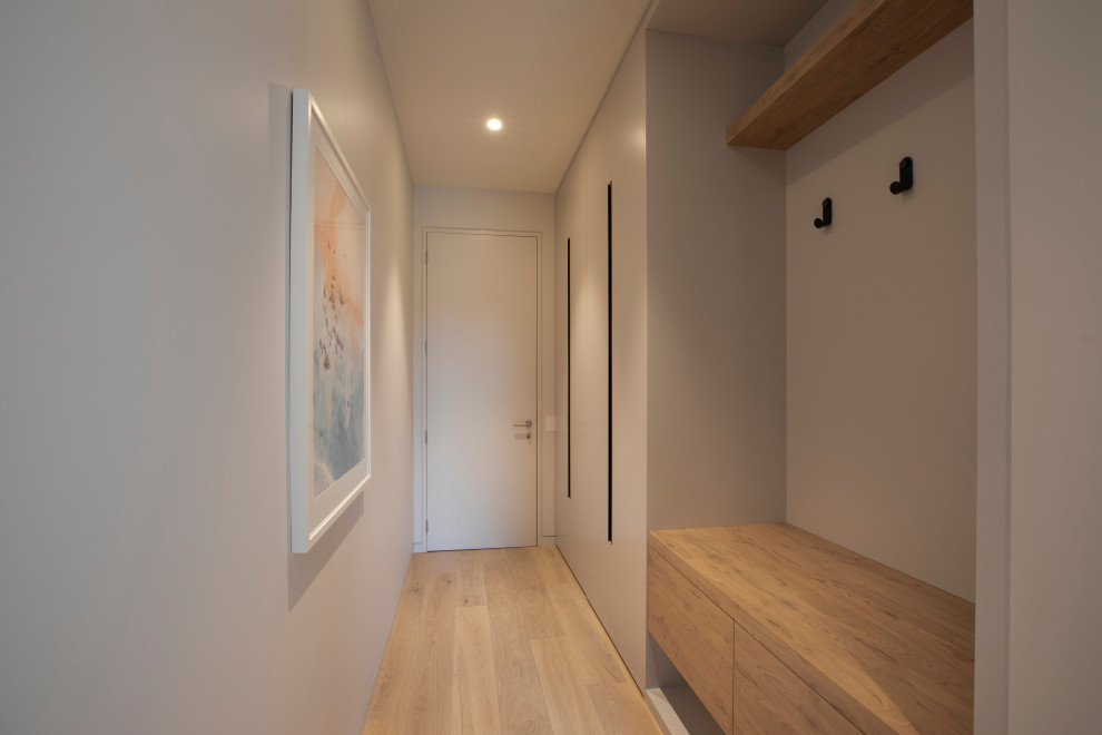 This is an example of a small modern front door in Other with white walls, light hardwood flooring, a white front door and white floors.