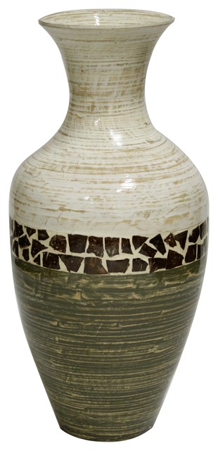 25 Spun Bamboo Floor Vase White And Green With Coconut Shell