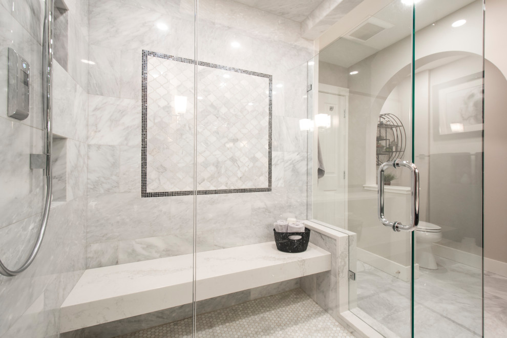 Large transitional master multicolored tile and marble tile marble floor and gray floor doorless shower photo in Vancouver with a two-piece toilet, white walls and a hinged shower door