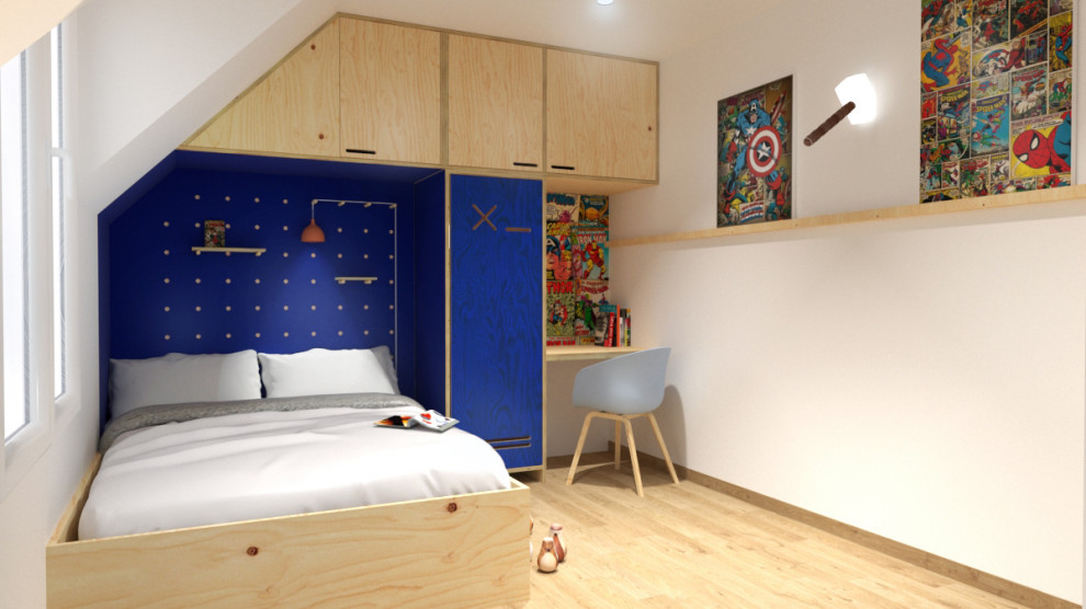 Inredning av ett skandinaviskt litet pojkrum kombinerat med sovrum och för 4-10-åringar, med vita väggar och ljust trägolv