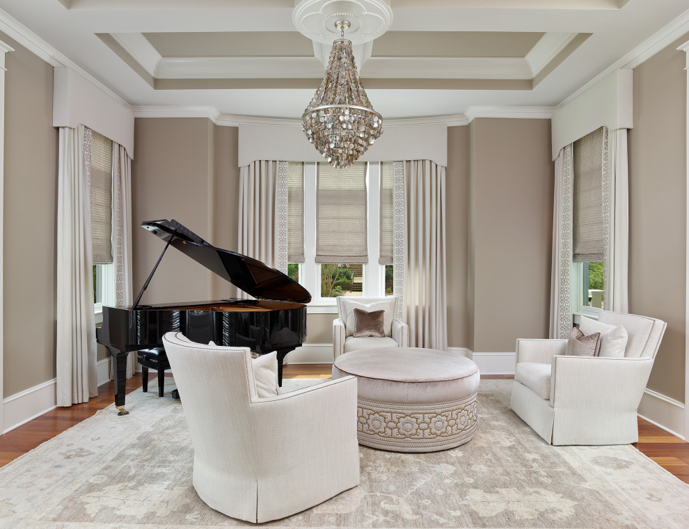 Inspiration for a large transitional enclosed family room in Charleston with a music area, beige walls, dark hardwood floors, brown floor and coffered.