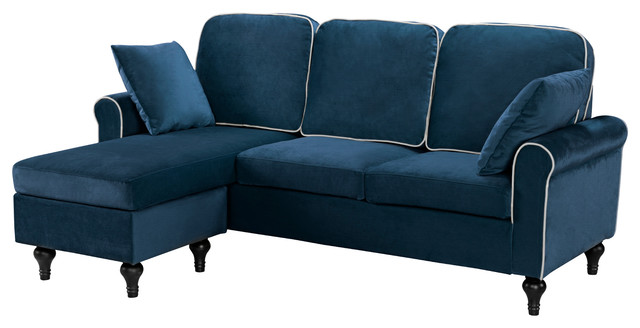 Traditional Small E Velvet Sectional Sofa With Reversible Chaise Blue