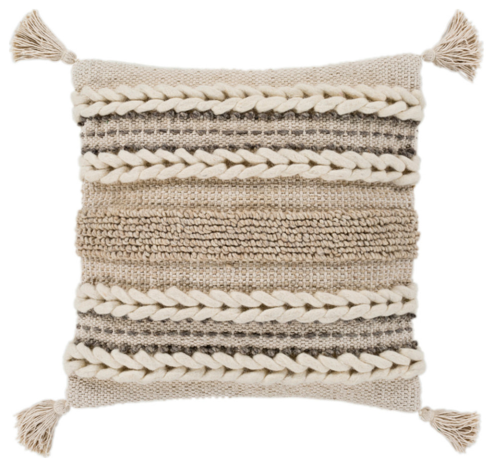 Textural 30" x 30" Beige Tasseled Wool Stripe Large Pillow + Down Insert