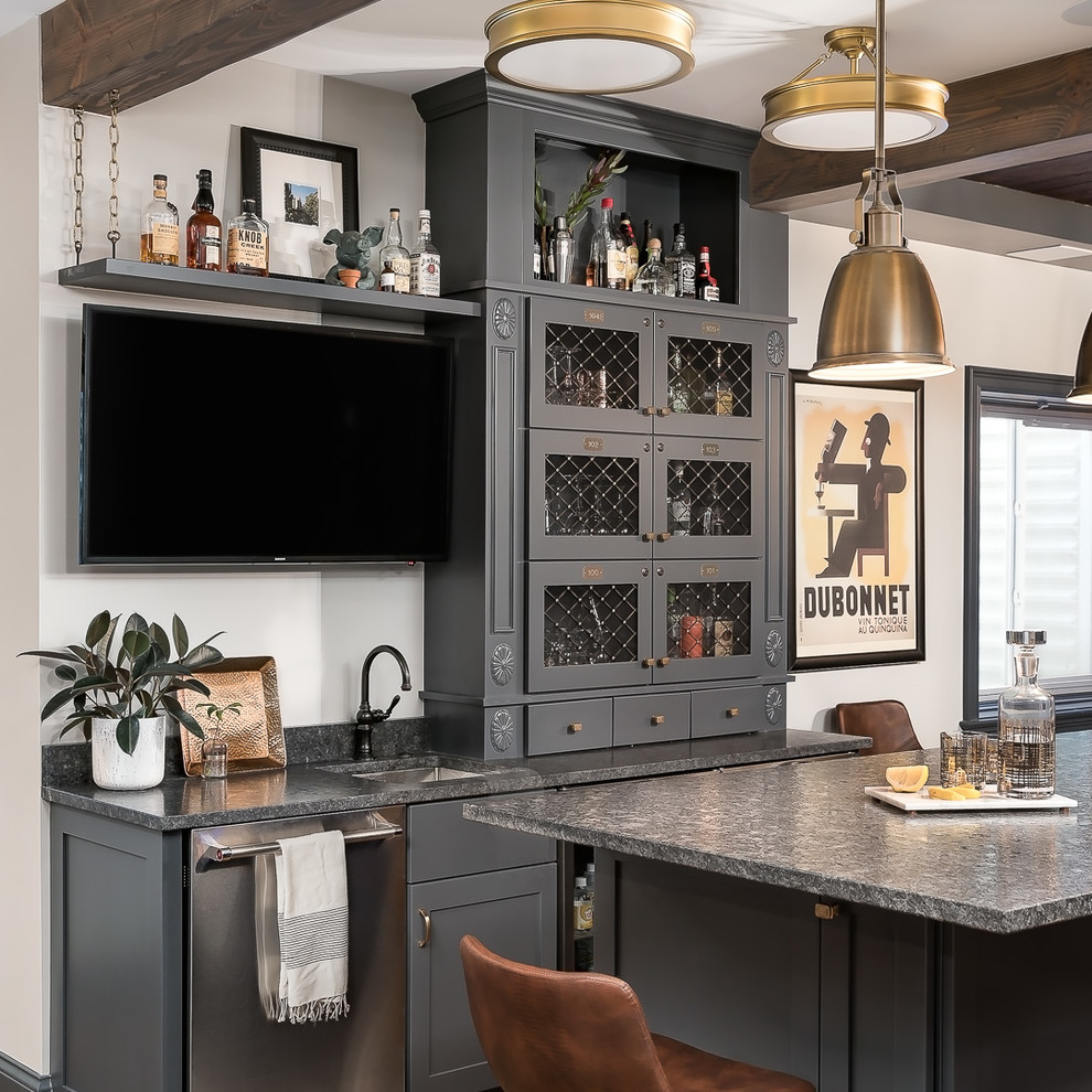 Basement - mid-sized rustic look-out vinyl floor and brown floor basement idea in Chicago with gray walls, a standard fireplace and a stone fireplace