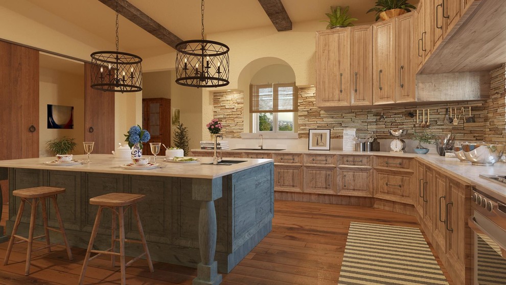 Inspiration for a mid-sized country l-shaped separate kitchen in New York with recessed-panel cabinets, medium wood cabinets, beige splashback, stone tile splashback, stainless steel appliances, medium hardwood floors, with island and beige floor.