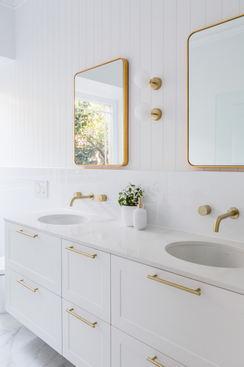 Shiplap Sophistication: White Bathroom with Gold Fixtures