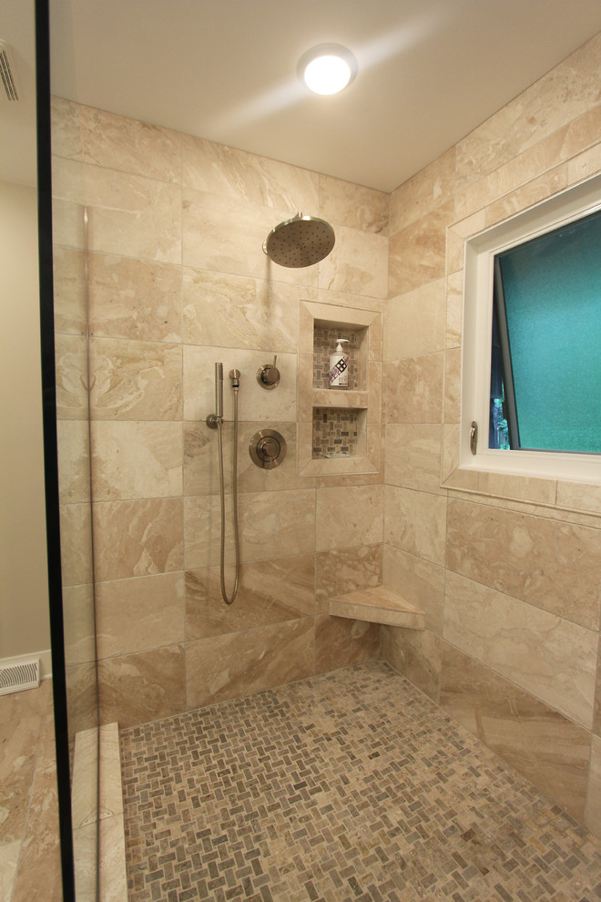 Large Walk In Shower with Window in Shower Transitional Bathroom