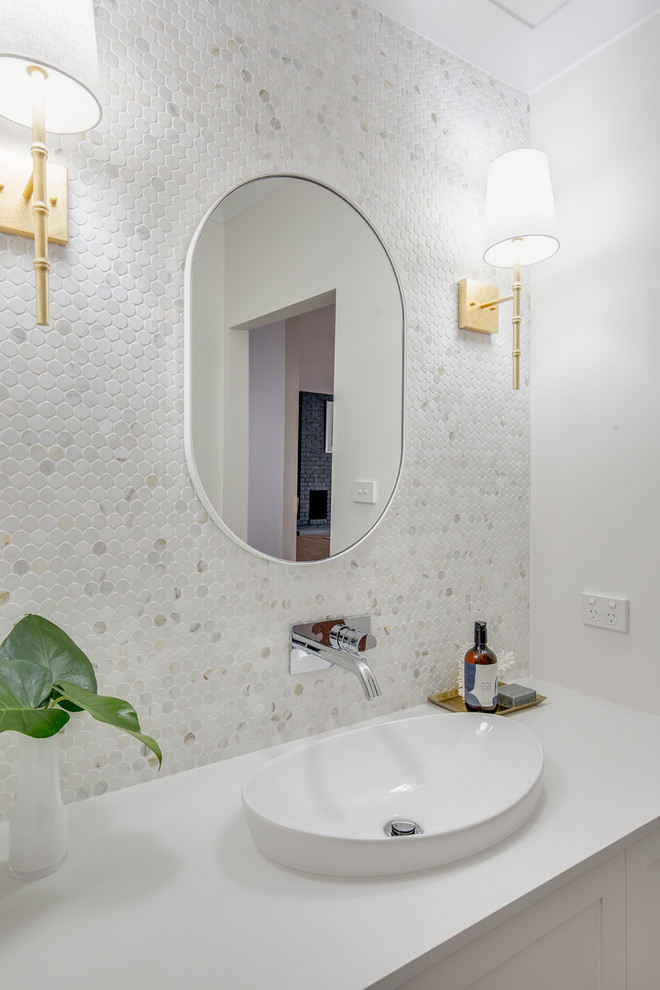 Design ideas for a large contemporary master bathroom in Sydney with flat-panel cabinets, white cabinets, multi-coloured tile, marble, an integrated sink, engineered quartz benchtops and white benchtops.