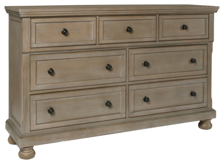 7 Drawer Wooden Dresser with Bun Feet and Molded Details, Brown