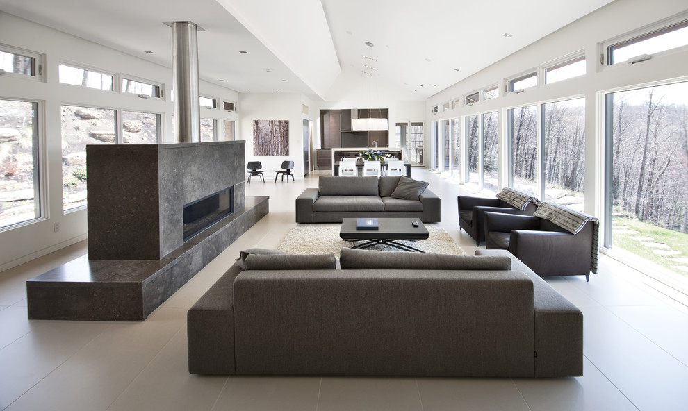 Inspiration for a large contemporary formal open concept living room in Ottawa with a ribbon fireplace, white walls, porcelain floors, a metal fireplace surround, no tv and beige floor.