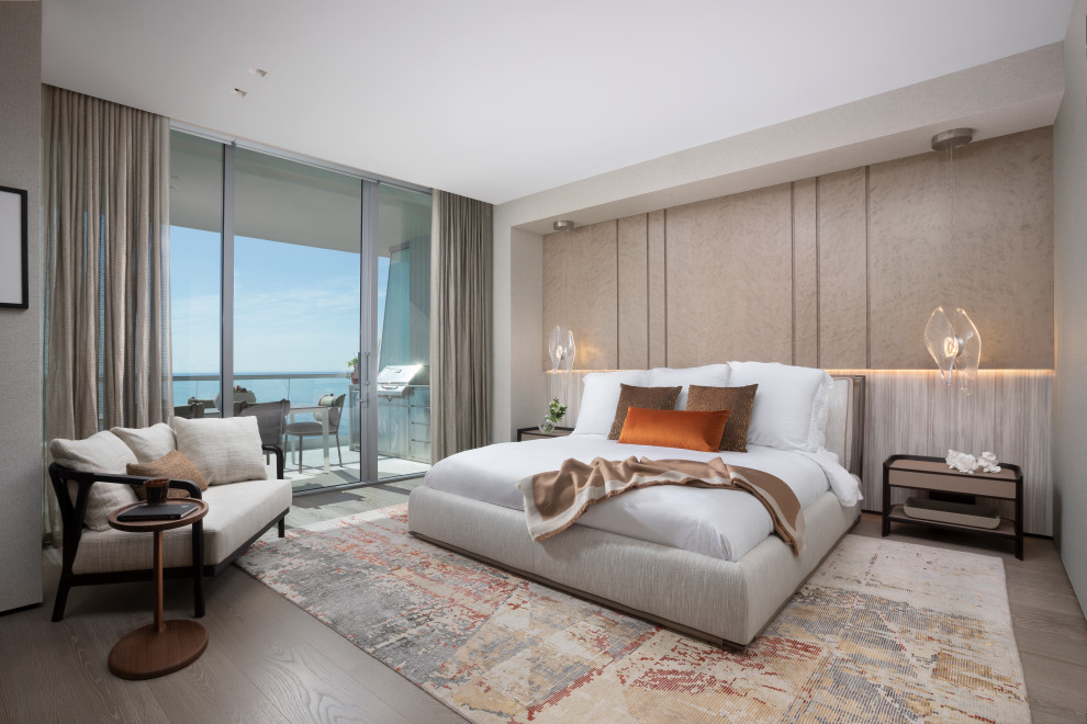 This is an example of a contemporary grey and brown bedroom in Miami.