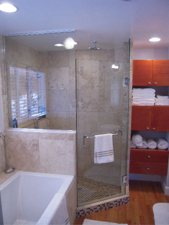 Bathroom - large master white tile bathroom idea in Denver with white walls