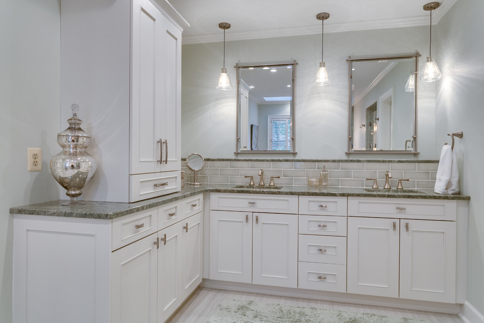 Design ideas for a large transitional master bathroom in DC Metro with recessed-panel cabinets, white cabinets, an undermount tub, gray tile, an undermount sink and granite benchtops.