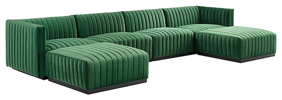 Modway Conjure 6-Piece Performance Velvet Sectional in Black/Emerald
