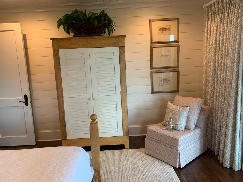 Bedroom - coastal guest coffered ceiling and shiplap wall bedroom idea in Charleston