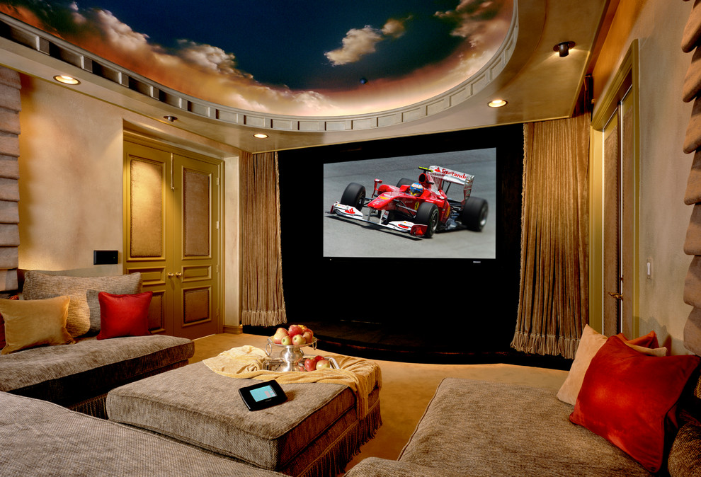 Transitional enclosed home theatre in Los Angeles with a projector screen.