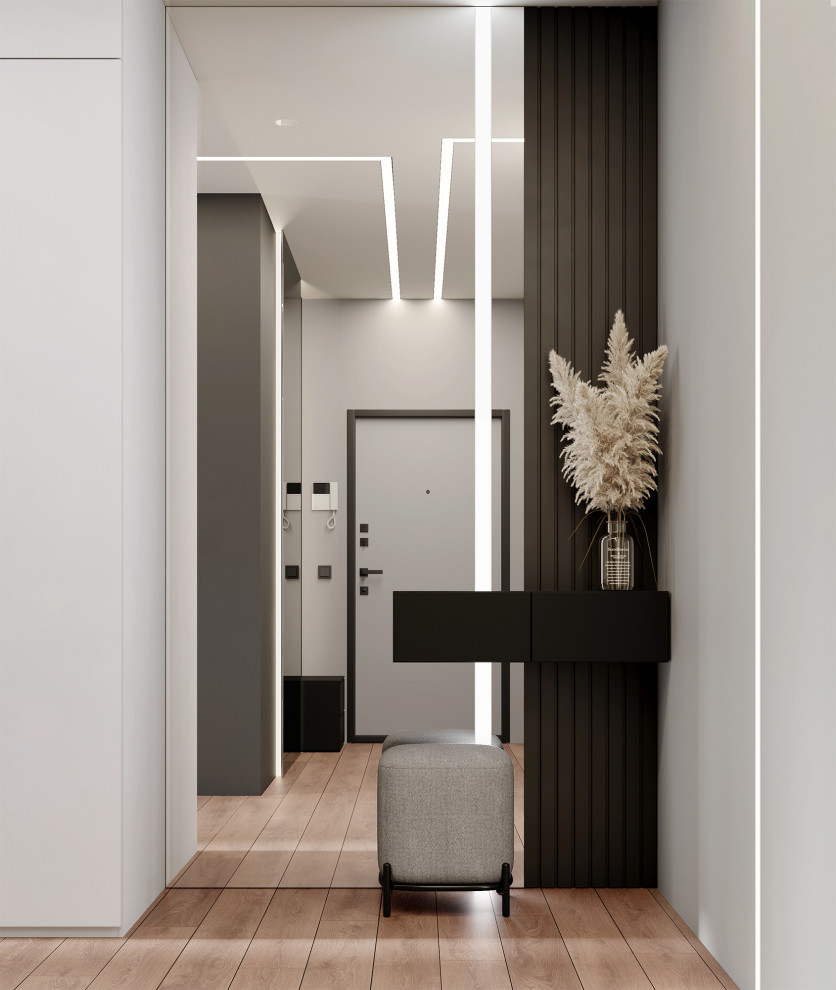 Идея дизайна: прихожая среднего размера: освещение в скандинавском стиле с серыми стенами, паркетным полом среднего тона, белой входной дверью и коричневым полом