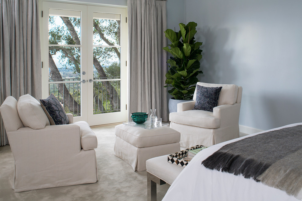 Photo of a mid-sized beach style master bedroom in Santa Barbara with blue walls, carpet and no fireplace.