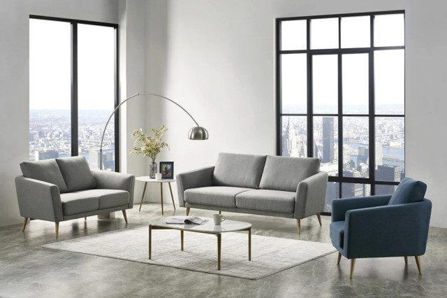 Gillie Modern Gray & Blue Fabric Sofa Set - Midcentury - Living Room ...