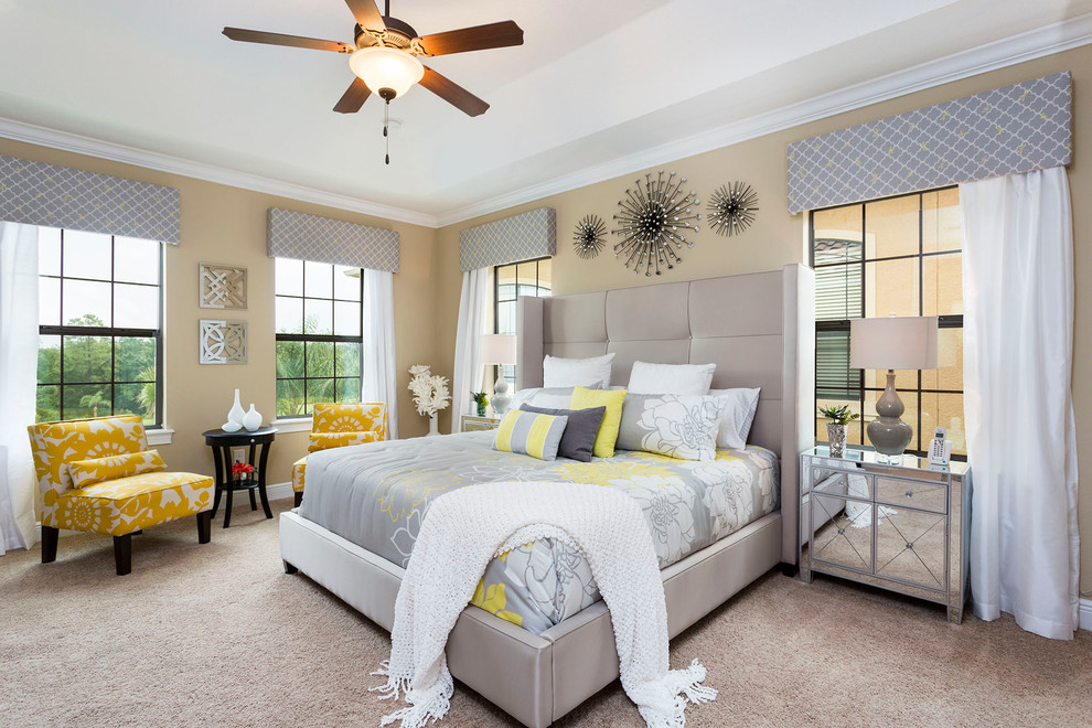 Design ideas for a contemporary bedroom in Orlando with beige walls, carpet and beige floor.