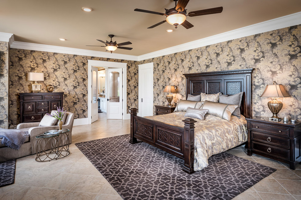 This is an example of a large arts and crafts master bedroom in Other with purple walls and porcelain floors.