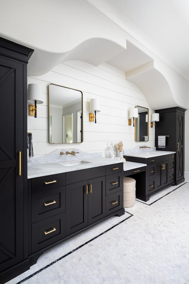Bathroom - transitional master white tile double-sink and shiplap wall bathroom idea in Charlotte with beaded inset cabinets, black cabinets, white walls, a drop-in sink, marble countertops, a hinged shower door, white countertops and a built-in vanity