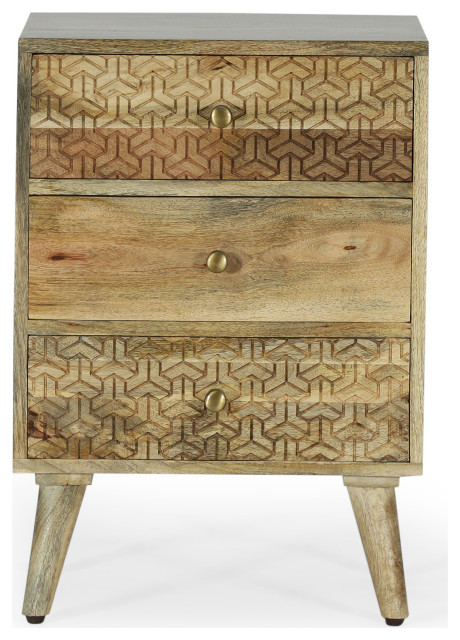 Stowe Boho Handcrafted Mango Wood 3 Drawer Nightstand, Natural ...