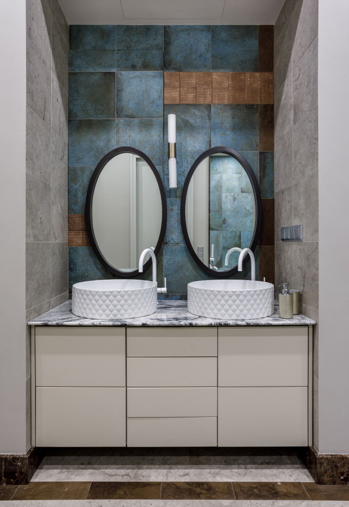 Contemporary bathroom in Moscow with flat-panel cabinets, beige cabinets, blue tile, brown tile, gray tile, multi-coloured tile, multi-coloured walls, a vessel sink, multi-coloured floor, multi-coloured benchtops, a double vanity and a floating vanity.