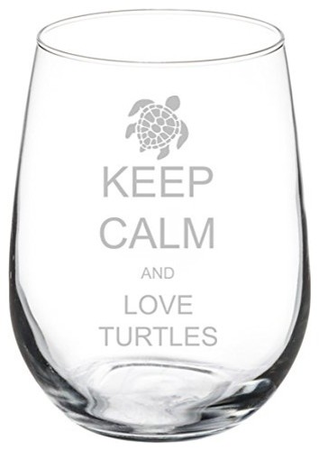 Wine Glass Goblet Keep Calm and Love Turtles, 17 Oz Stemless
