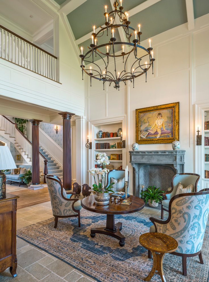 Design ideas for an expansive traditional foyer in Providence with blue walls and slate floors.