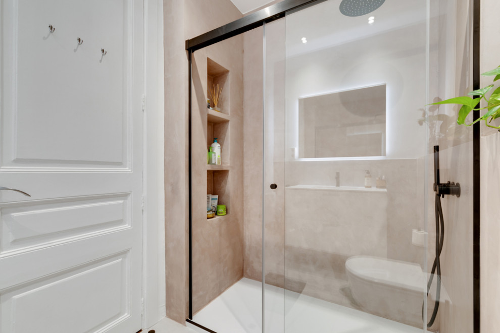 Inspiration for a small modern master bathroom in Barcelona with furniture-like cabinets, brown cabinets, a curbless shower, a wall-mount toilet, a sliding shower screen, a niche, a single vanity and a floating vanity.