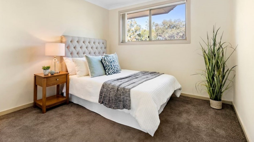 Großes Modernes Schlafzimmer mit Teppichboden und braunem Boden in Sydney