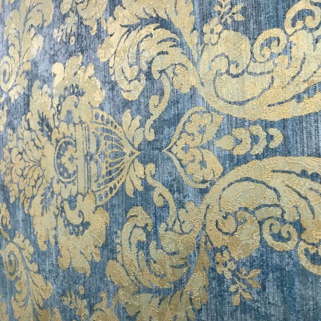 Wallpaper Blue Gold Metallic rustic Damask plaster Textured, 21 Inc X ...