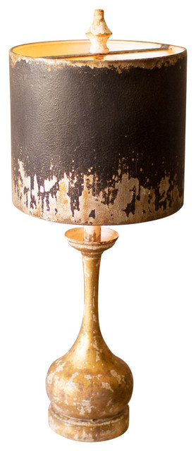 Table Lamp, Round Wooden Base W Black & Gold Metal Shade