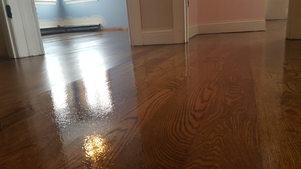 3 and 1/4 red oak select and better special walnut stain , satin water base fini
